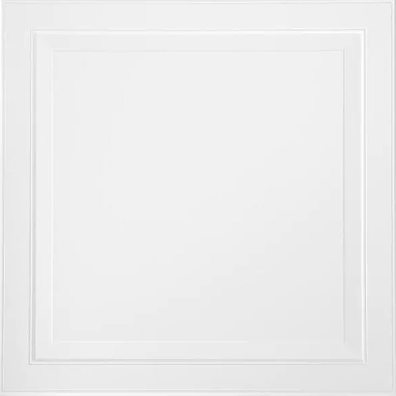 A 2 ft. x 2 ft. Single Raised Panel Tegular Ceiling Tile by Go Build, The Fastest Way To Build, featuring a plain white square design with a raised rectangular border and subtle edge detailing for a clean, minimalistic look.